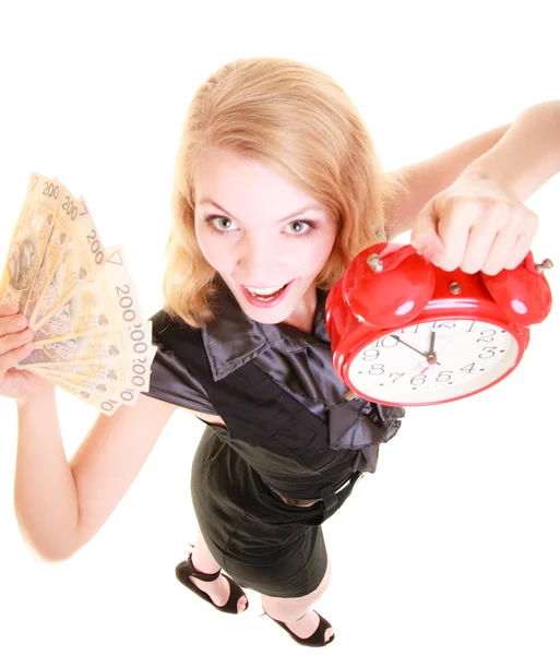 Woman holding polish money banknote and alarm clock. — Stock Photo, Image