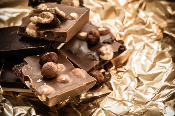 Forskjellige typer sjokolade og hasselnøtter – stockfoto