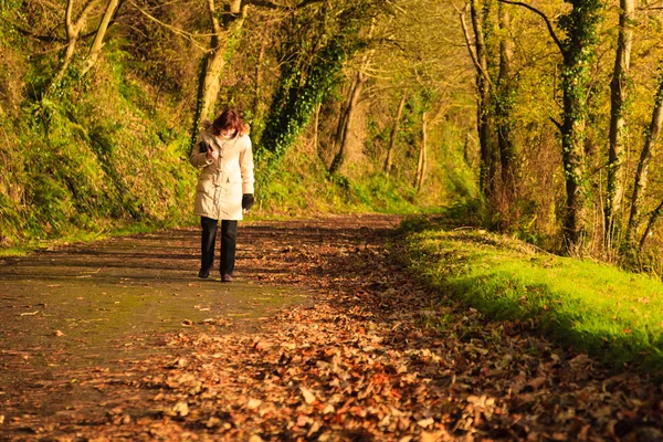 Açık yürüyen kadın. güneşli bir gün turuncu sonbahar yaprakları. — Stok fotoğraf