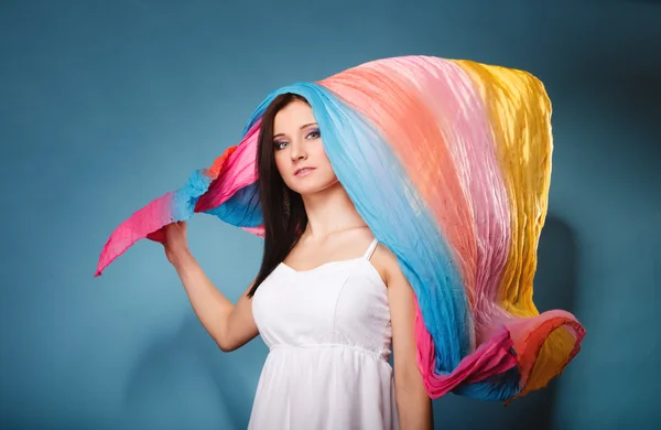 Summer woman with colored shawl on blue — Stock Photo, Image