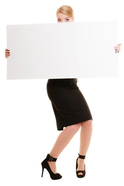 Businesswoman hiding behind blank copy space banner — Stock Photo, Image