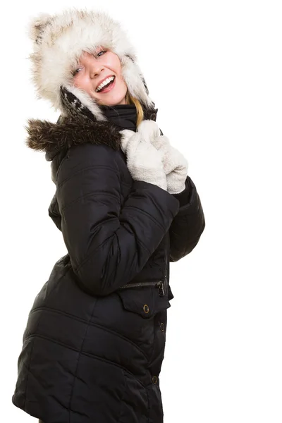 Winter vacation. Cheerful girl in warm clothes. Stock Picture