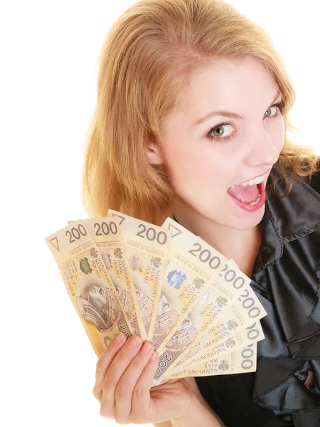 Happy woman holding polish currency money banknote. — Stock Photo, Image