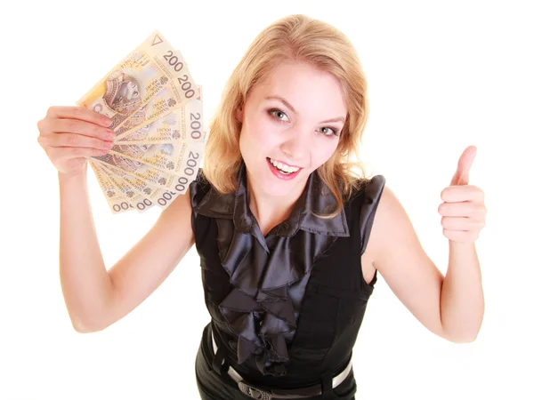 Business woman holds polish money giving thumb up — Stock Photo, Image