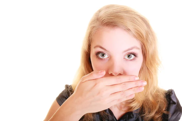 Surprised woman covers her mouth — Stock Photo, Image