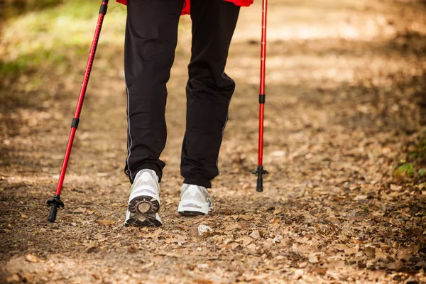 Female legs hiking in forest — Stock Photo, Image