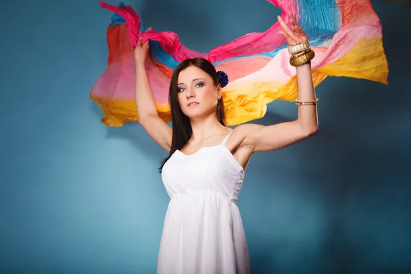 Summer woman with colored shawl — Stock Photo, Image