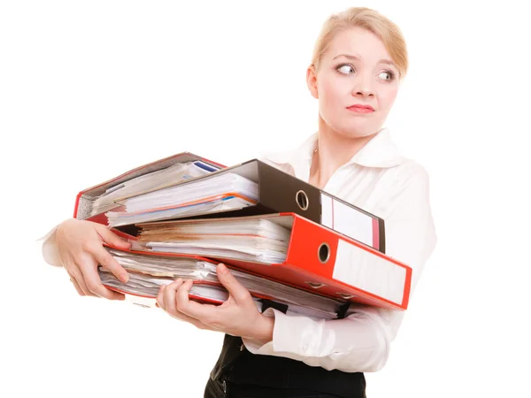 Biznes kobieta trzyma stos folderów — Zdjęcie stockowe