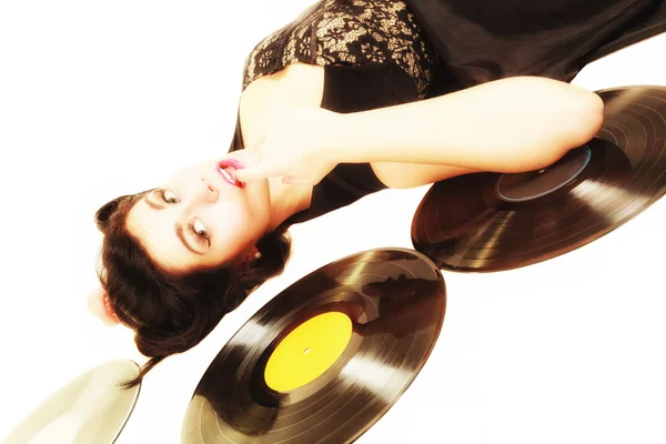 Girl with phonography vinyl records — Stock Photo, Image