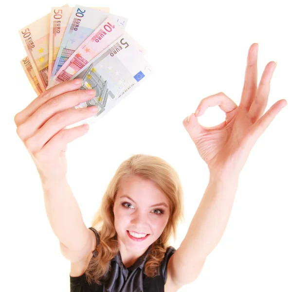 Woman holds euro currency money — Stock Photo, Image