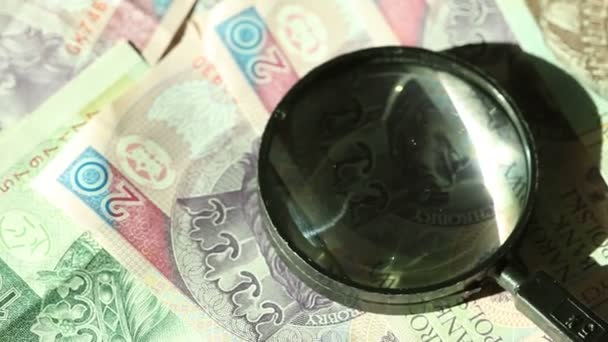 Banknotes with magnifying glass — Stock Video