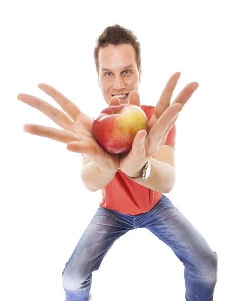 Happy man holding apple — Stock Photo, Image