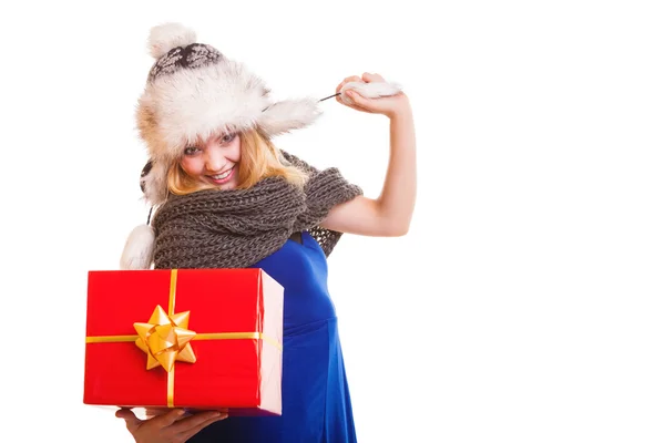 Winter girl with red gift box — Stock Photo, Image