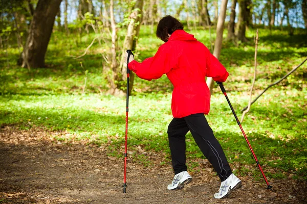 Vrouw wandelen in het bos — Stockfoto