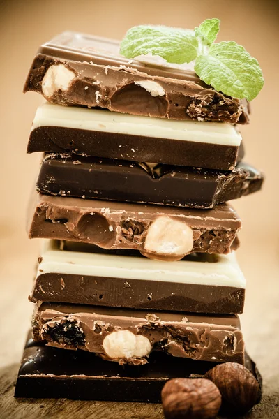 Diferentes tipos de chocolate e avelãs — Fotografia de Stock