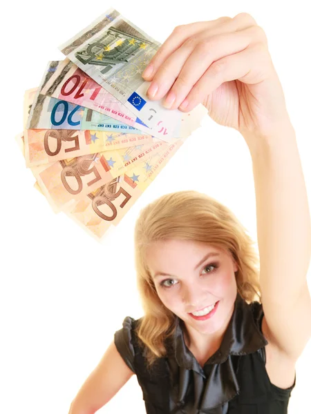 Woman showing euro money banknotes — Stock Photo, Image