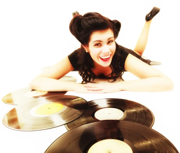 Girl with phonography vinyl records — Stock Photo, Image