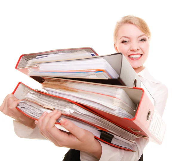 Femme d'affaires tenant une pile de documents — Photo