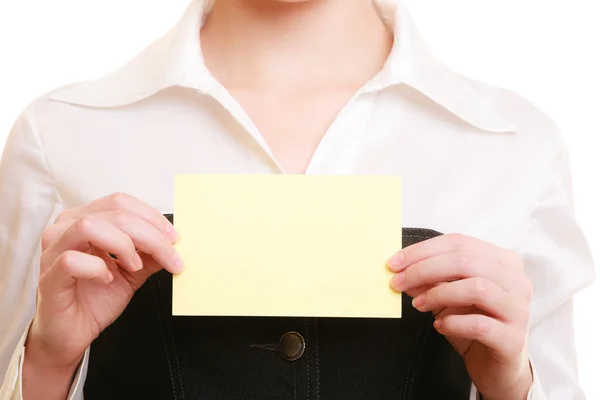 Tarjeta de visita en manos de la mujer . — Foto de Stock