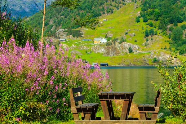 Picnic table and benches near lake in Norway, Europe. — Stok fotoğraf