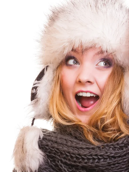 Woman in fur hat having fun — Stock Photo, Image