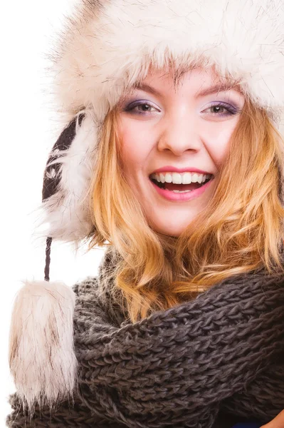 Winter fashion girl in fur hat doing fun isolated — Stock Photo, Image