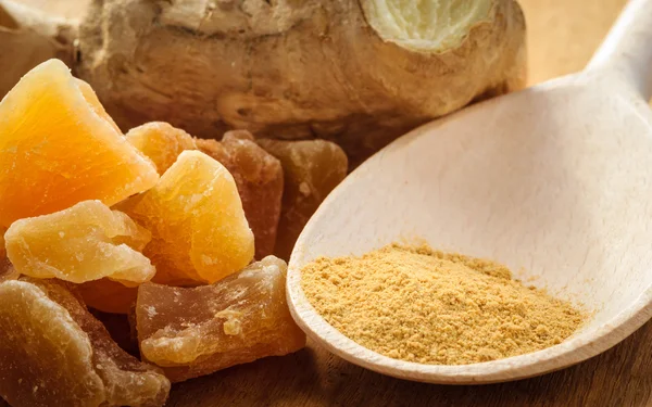 Candied,  fresh and ground ginger — Stock Photo, Image