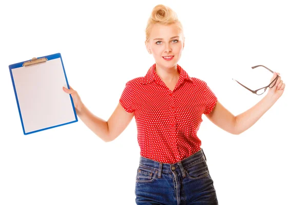 Woman holding glasses and clipboard isolated — Stock Photo, Image