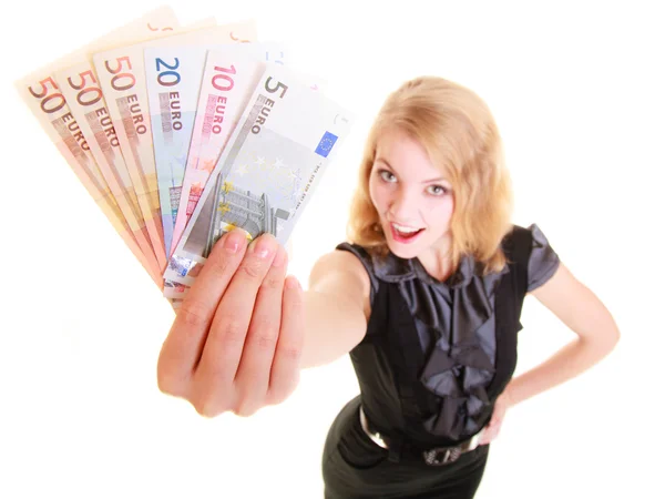 Woman holds euro banknotes — Stock Photo, Image
