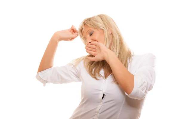 Mujer bostezando cubriendo boca — Foto de Stock