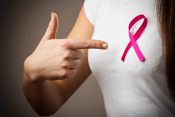 Woman  pointing cancer ribbon — Stock Photo, Image