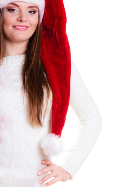 Frau mit Weihnachtsmann-Helferhut lächelt — Stockfoto