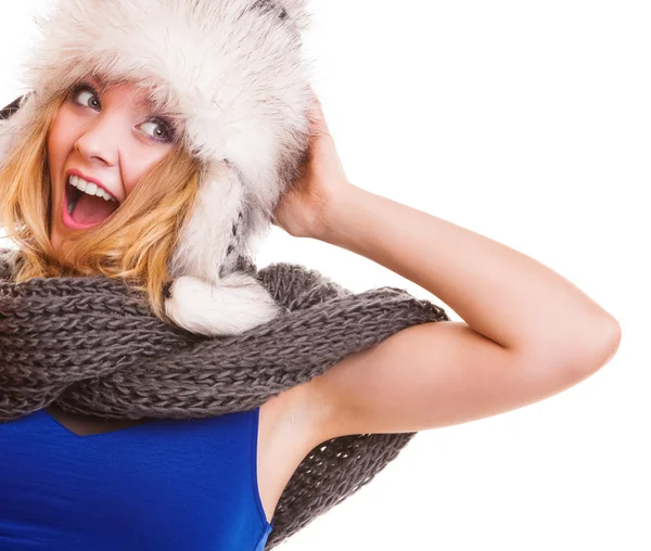 Girl in fur hat posing — Stock Photo, Image