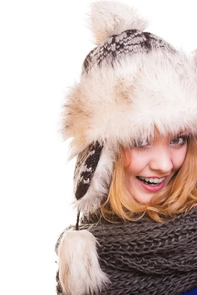 Girl in fur hat posing — Stock Photo, Image