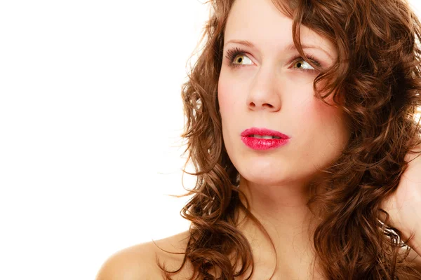 Portrait pretty thoughtful woman curly hair isolated — Stock Photo, Image