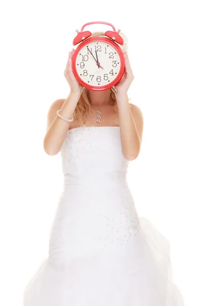 Wedding. Time to get married. Bride with alarm clock. — Stock Photo, Image