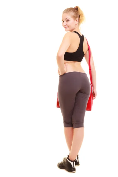 Sport. Back of fitness sporty girl in sportswear with gym bag — Stock Photo, Image