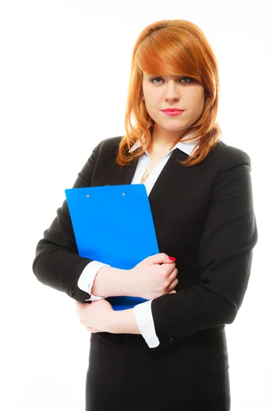 Mujer sosteniendo portapapeles azul — Foto de Stock