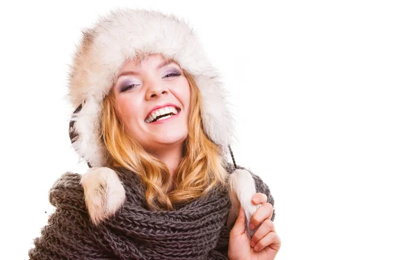 Girl in fur hat doing fun — Stock Photo, Image