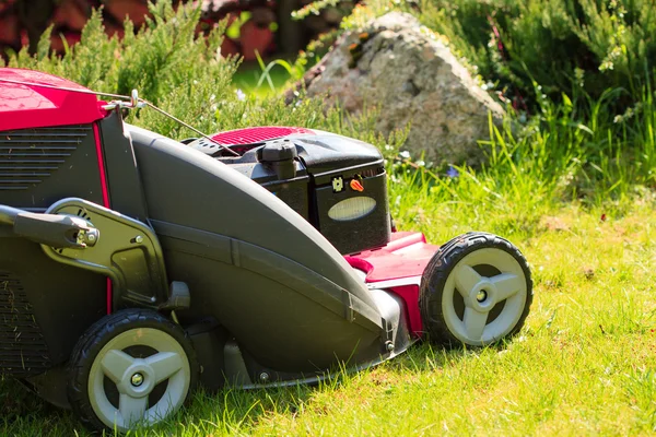 Mowing green lawn with lawnmower — Stock Photo, Image