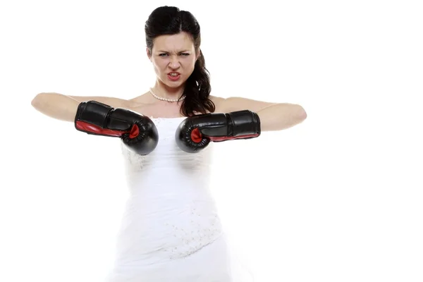Bride wearing boxing gloves. — Stock Photo, Image