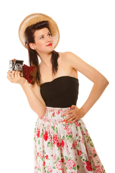 Girl holding old camera — Stock Photo, Image
