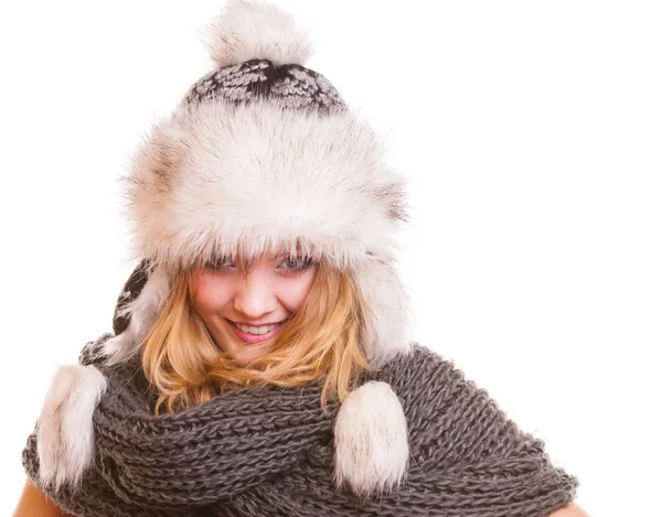 Woman in fur hat smiling — Stock Photo, Image