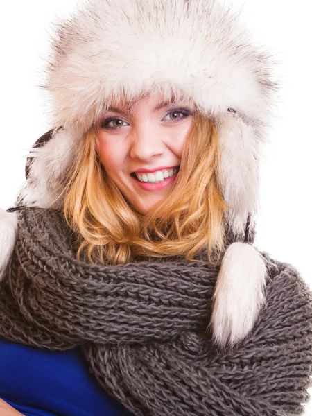 Woman in fur hat smiling — Stock Photo, Image