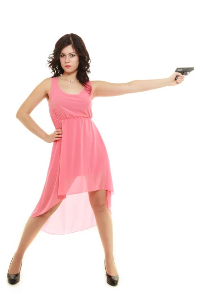 Woman brunette holding gun Stock Photo