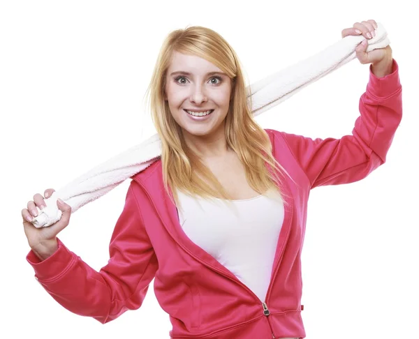 Woman holding towel — Stock Photo, Image