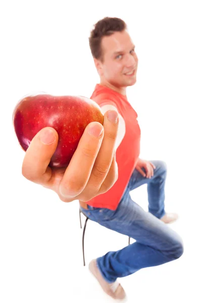 Happy man in offering apple. — Stock Photo, Image