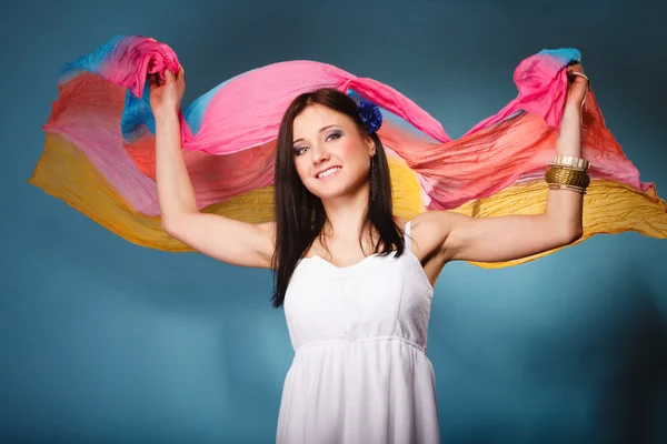 Woman with colored shawl posing — Stock Photo, Image