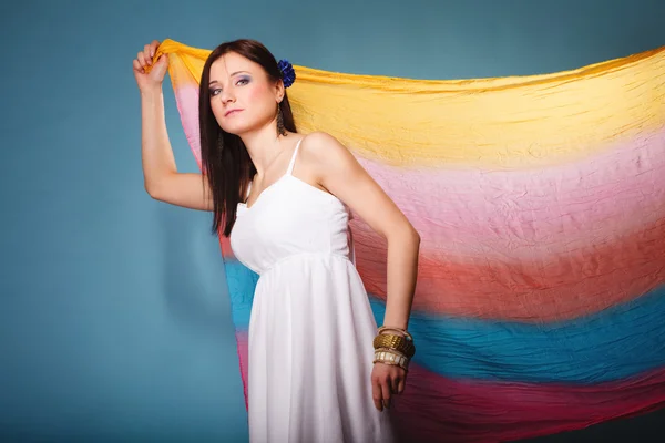 Woman with colored shawl posing — Stock Photo, Image