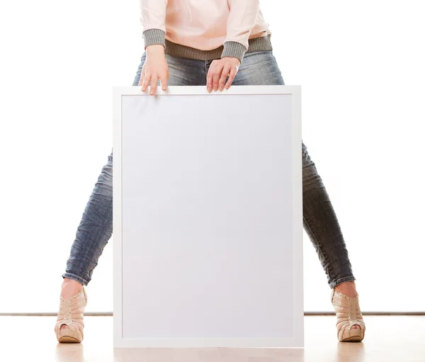 Woman holding blank presentation board — Stock Photo, Image